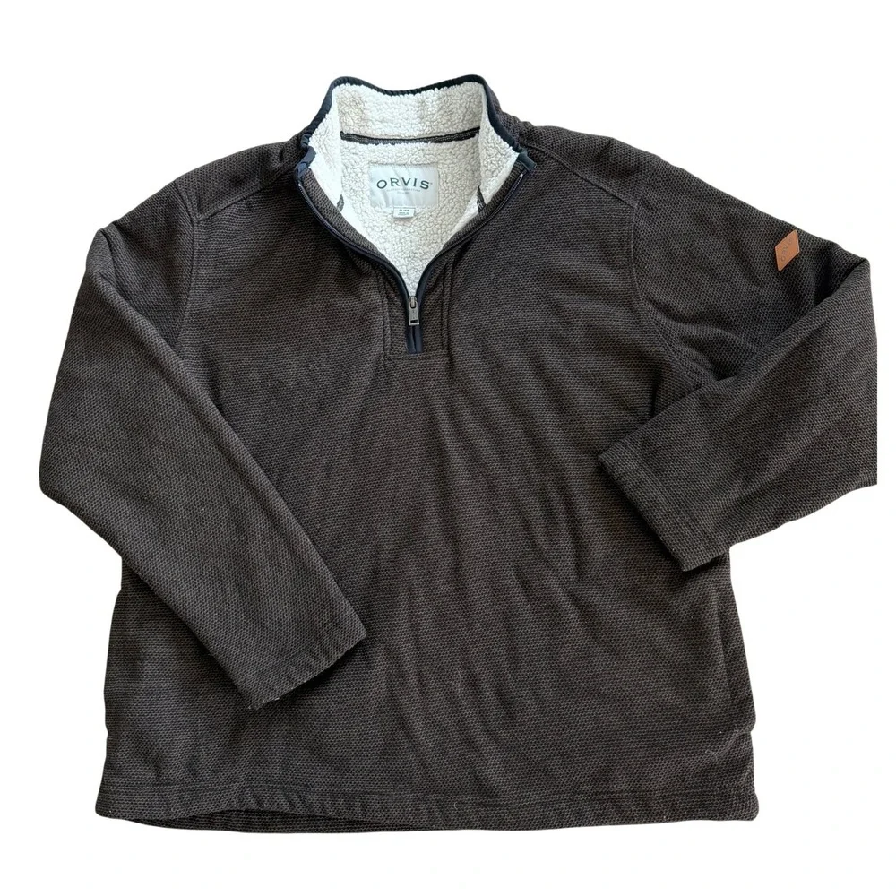 Orvis Men's XL Brown Honeycomb Textured Sherpa Lined Quarter Zip Fleece Pullover